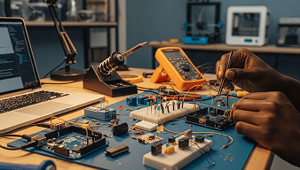 Montage de composants et programmation d'une carte Arduino sur un établi d'électronique équipé au Hfablab.