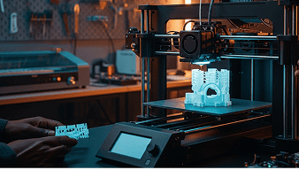 impression 3d en cours d'une pièce mécanique sur son plateau dans un atelier à côté d'un technicien qui examine un composant imprimé en 3D