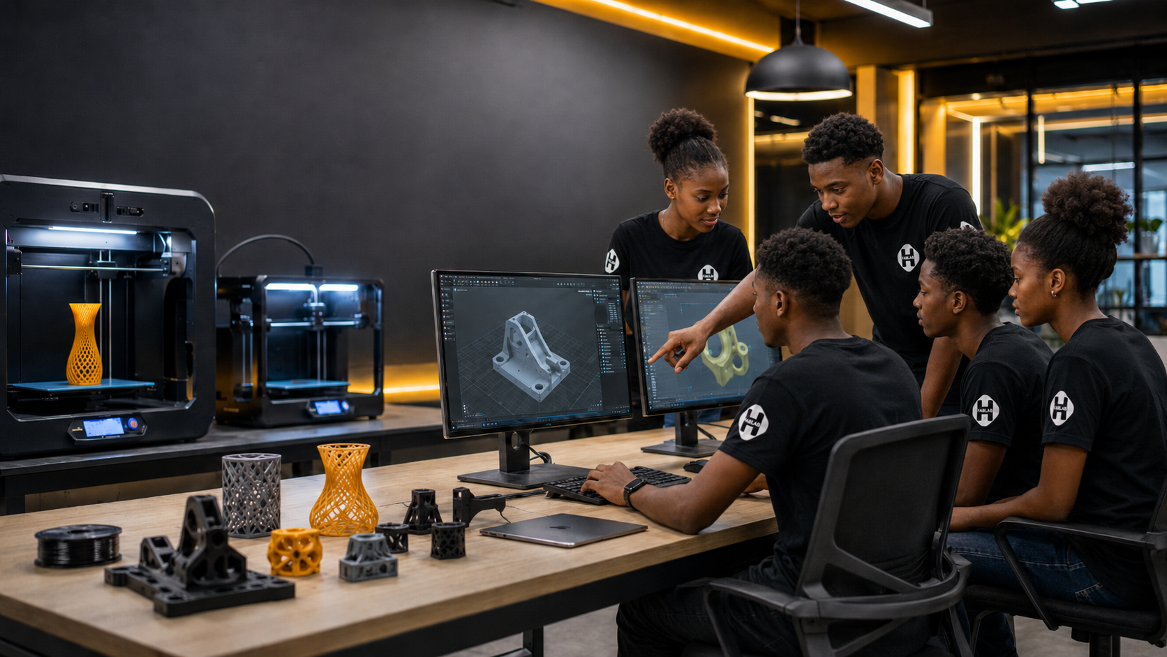 Des étudiants collaborent sur un logiciel de modélisation avant de lancer la fabrication de pièces techniques sur les imprimantes 3D du HFABLAB.
